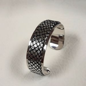 Silver Cuff / Statement Bracelet w/ Metallic Exotic Print Faux Suede Detail